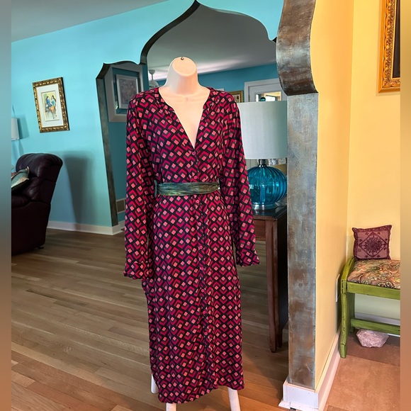 Rose & Teal Geometric Rayon Long Sleeve Shirt Dress With Pockets All Seasons~ 1X - Picture 2 of 10